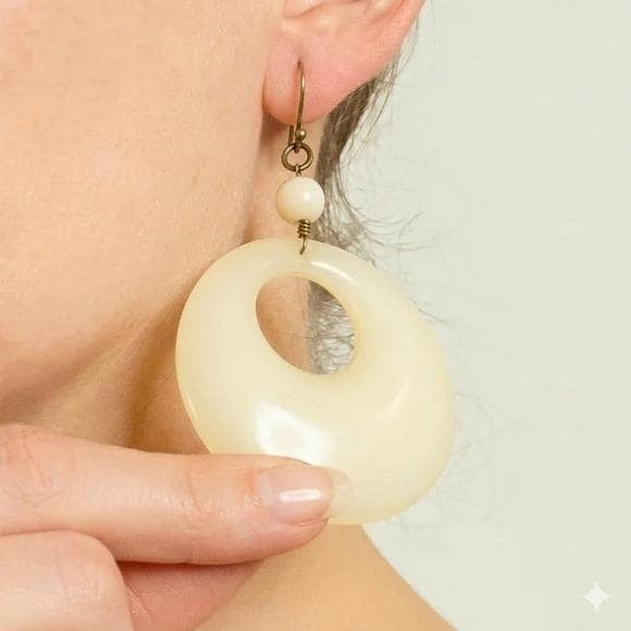 VTG Bone Colored Hoop Earrings - Mod Pierced Drops - Picture 2 of 4